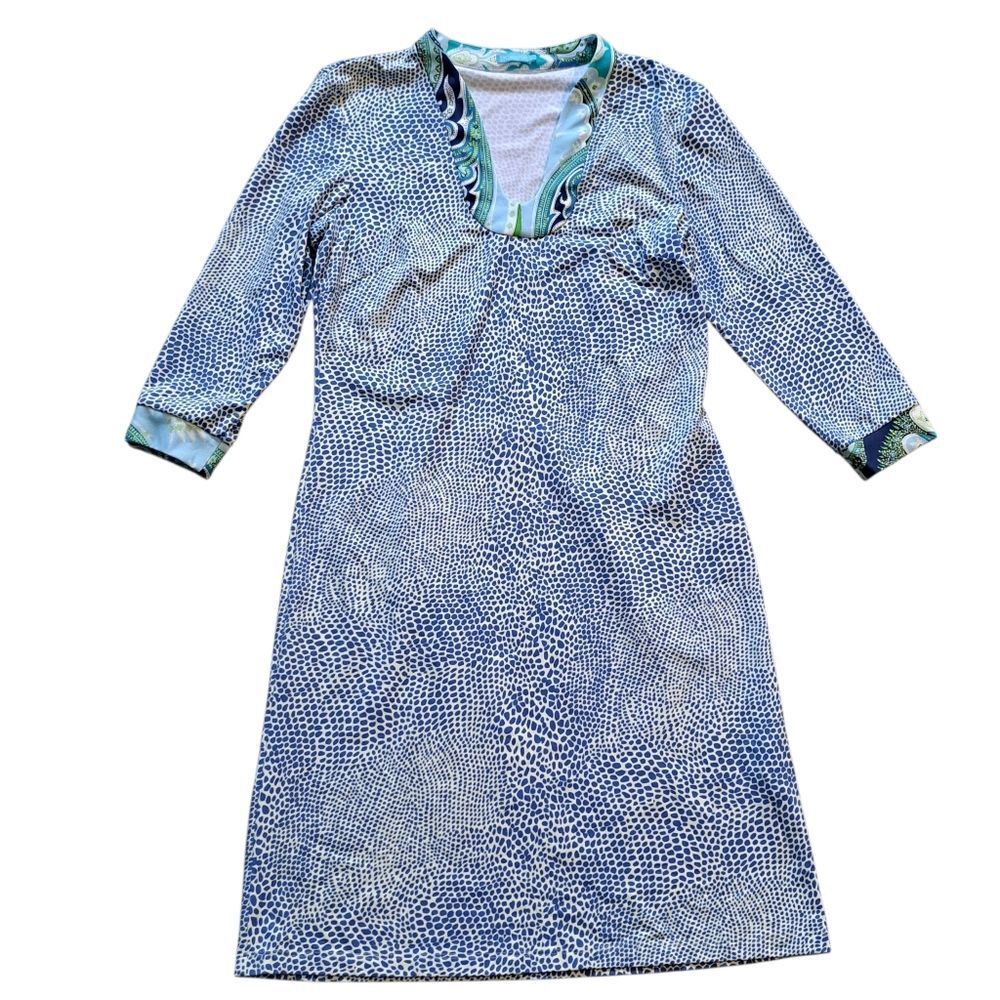 J.McLaughin Gisel Tunic Catalina V Neck Speckle Blue/White/Green Patterned Small